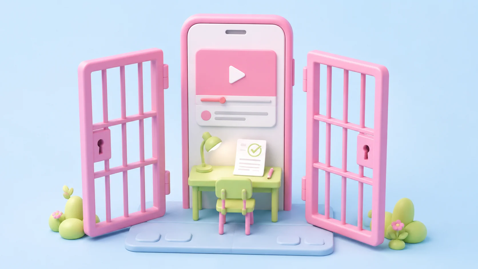 Two soft-3D pink jail doors swinging open around a phone showing a video, revealing a small yellow-green desk with a lamp and a check-marked exam paper, on a light blue background.