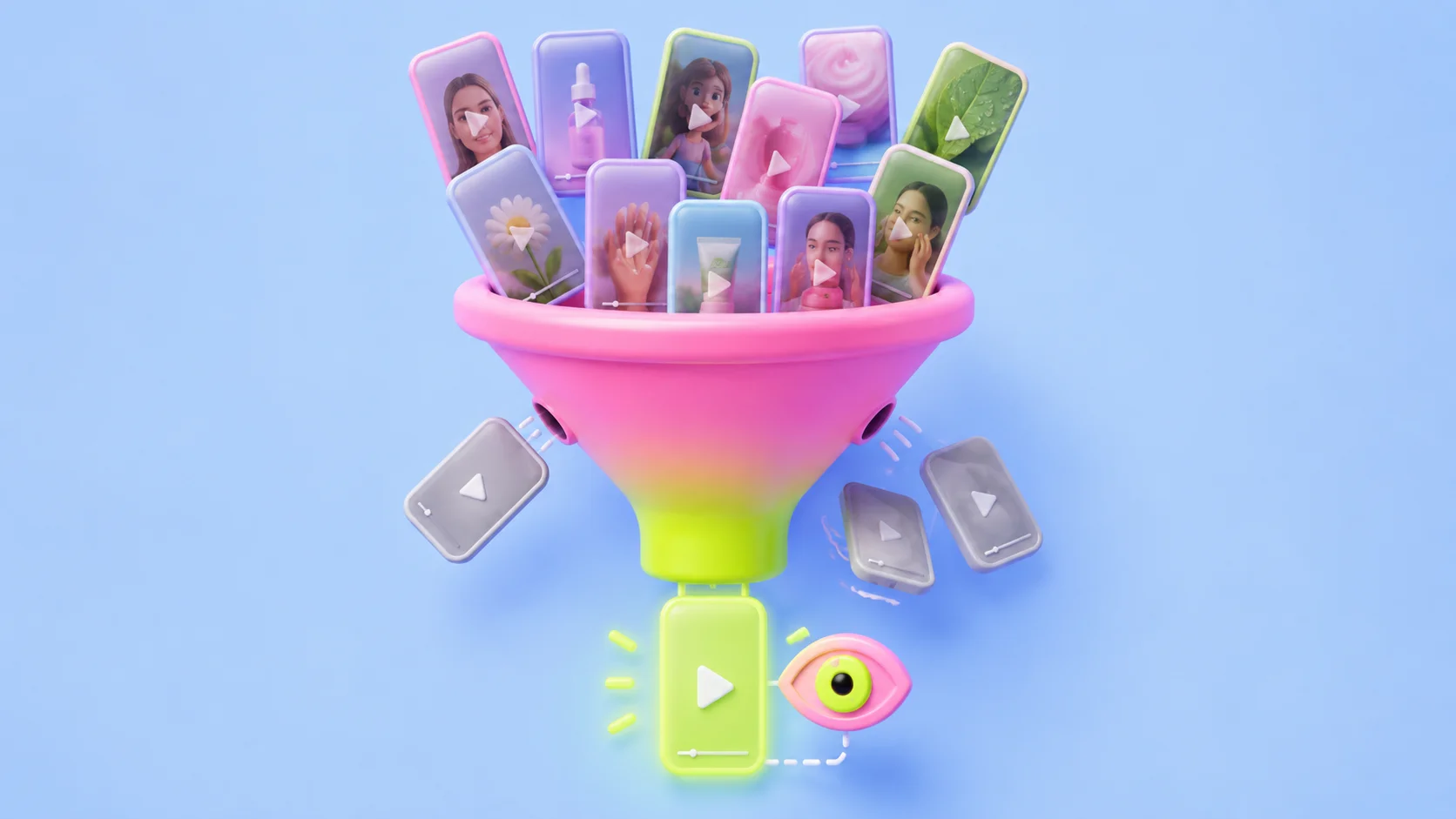 A soft-3D pink funnel with many colorful phone-shaped video creatives pouring into the top, several grey rejected ones falling out of side openings, and a single glowing yellow-green video emerging at the bottom next to a pink eye marker. Light blue background. The image conveys most ad creatives being filtered out before one winner survives.