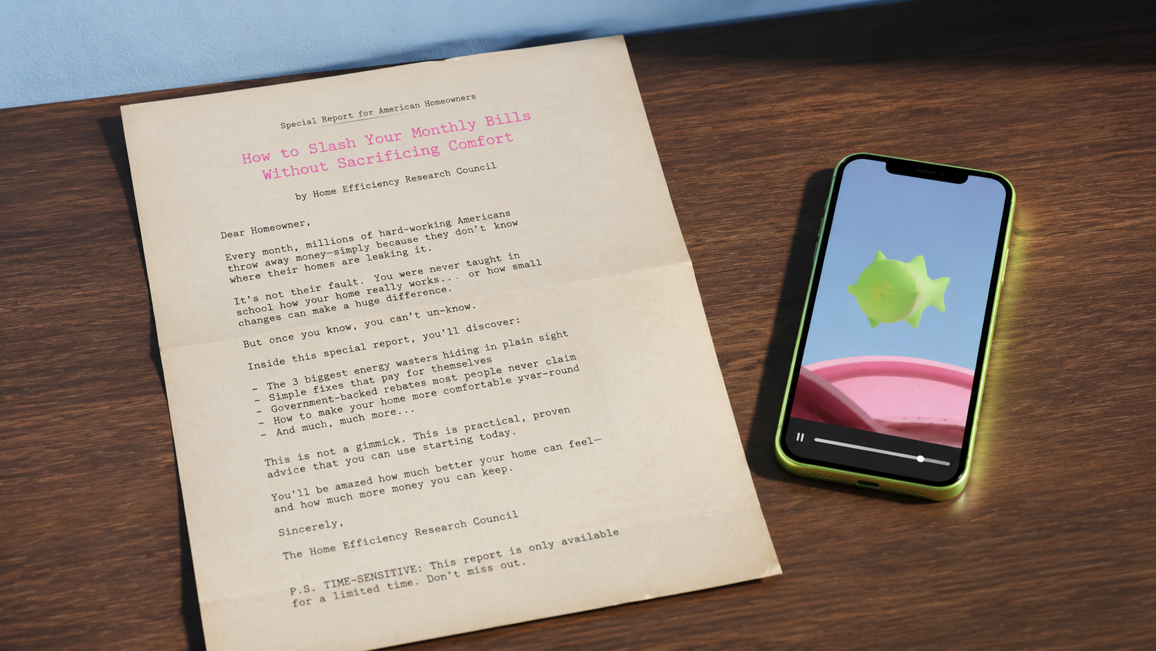A vintage typewritten "Special Report for American Homeowners" on aged paper laid flat on a dark wood desk. A green-bezel phone next to the letter shows a vertical short video: a soft-3D green Jeena-fish character floating above a pink Calder-style sculpture. The phone glows yellow-green underneath. Two completely different media in the same frame.