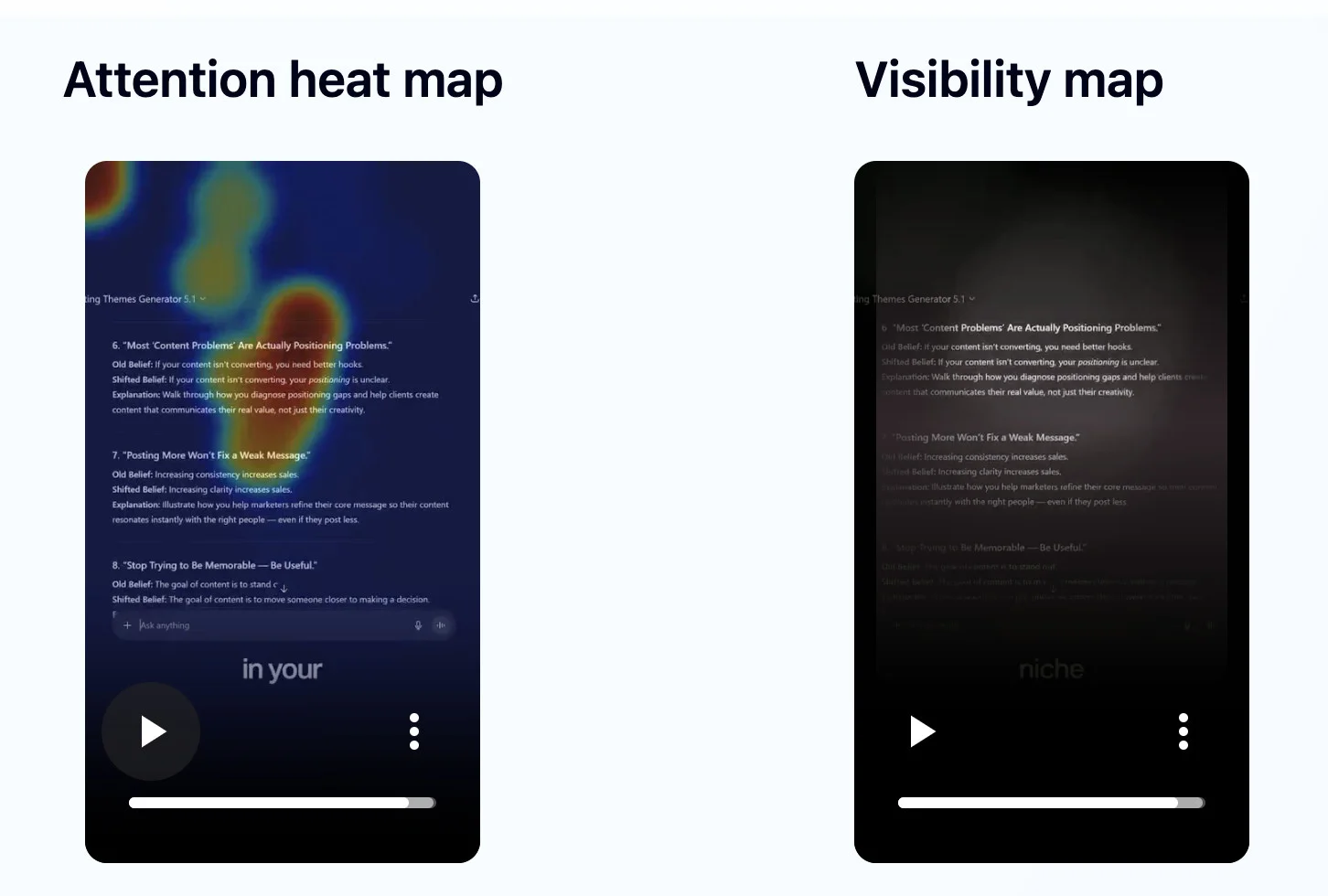 Jeena analysis of the 81-second version: on the closing ideas-list screen recording, the attention heat map concentrates in the upper portion of the numbered list while the lower items run cooler; the visibility map shows the list readable at the top and dimming toward the bottom of the frame.