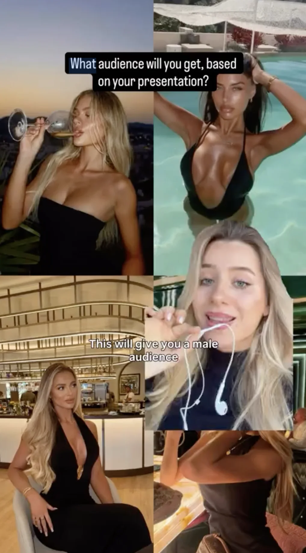 Vertical opening frame from gwendolyneem's 16-second video: the caption "What audience will you get, based on your presentation?" over a collage of glamorous lifestyle photos, with the creator speaking in one tile.
