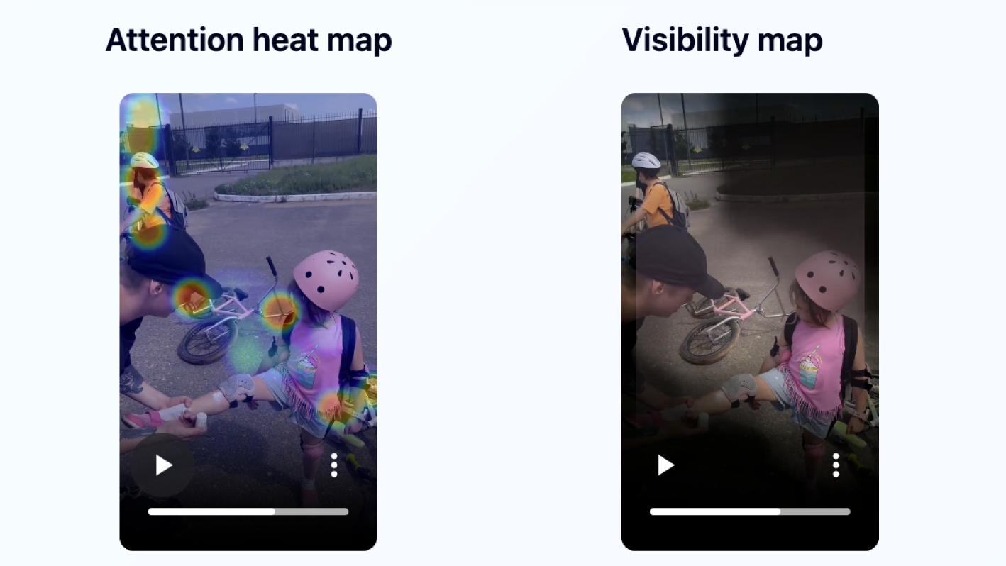 Jeena attention heatmap and visibility map for the kid-led camp invitation. Heatmap shows hot zones clustered around the helmeted children and the adult's hands. Visibility map dims the surrounding street and fence.