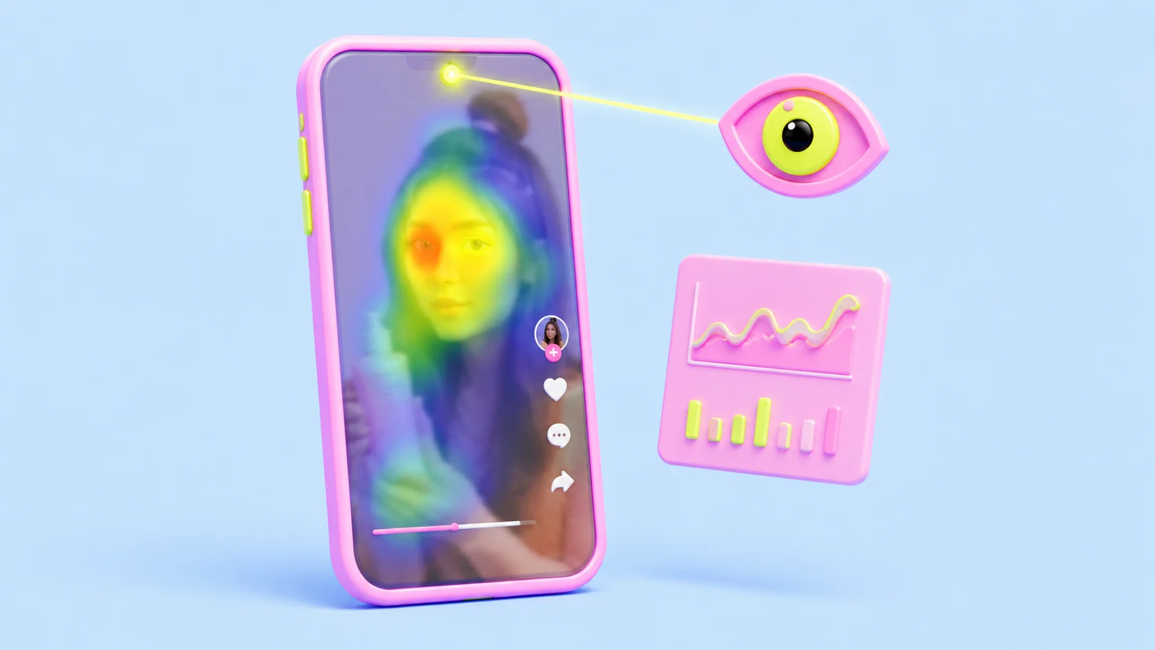 A soft-3D pink phone playing a creator video with a gaze heatmap over her face, a beam connecting the front camera to a floating eye, and a pink report card with charts beside it. The image conveys the front camera watching the watcher and producing a report.