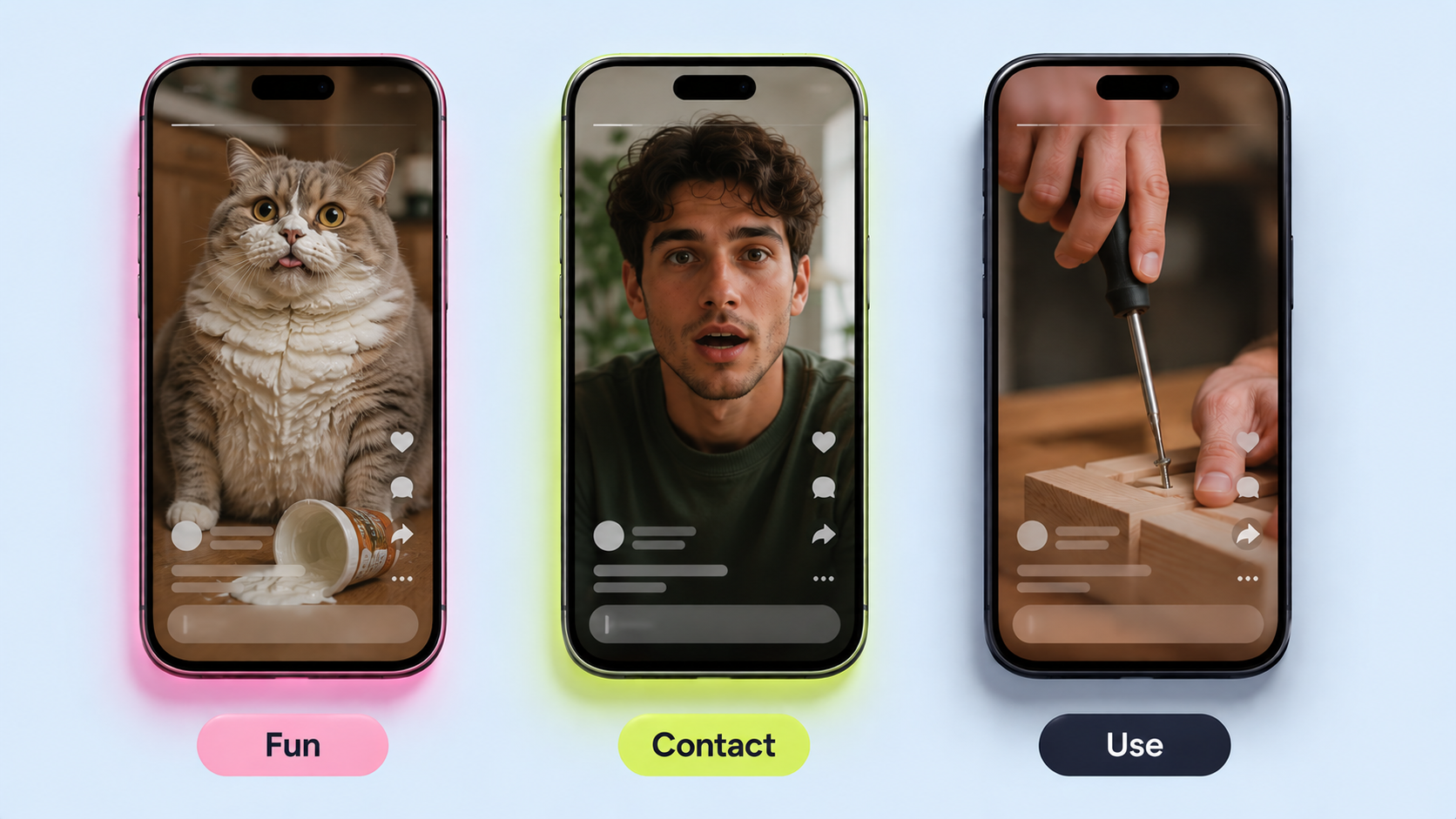 Three phones laid out in a row on a light blue surface. Left phone (pink glow): a wide-eyed cat with its tongue out, tagged "Fun". Middle phone (yellow-green glow): a young man with a surprised expression, tagged "Contact". Right phone (navy badge): a hand turning a screwdriver into a wooden joint, tagged "Use".