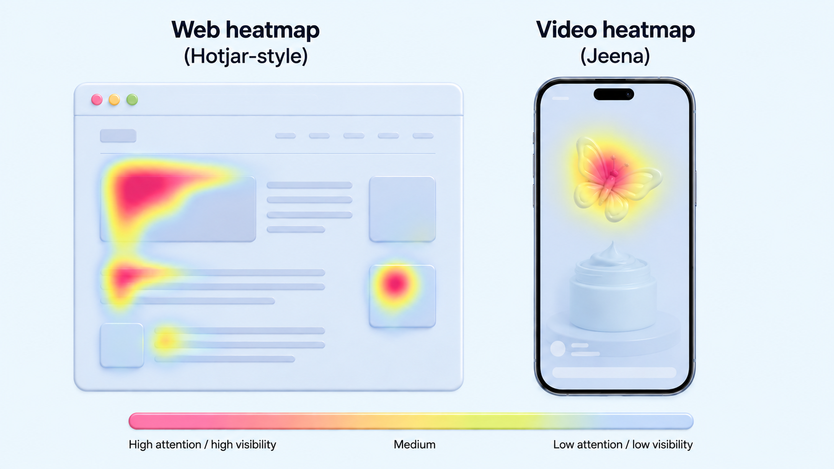 Side-by-side comparison on a light blue background. Left, "Web heatmap (Hotjar-style)": a soft-3D plastic browser window with hot zones (pink-to-yellow) in the upper-left quadrant of the layout and a small spot near a sidebar tile. Right, "Video heatmap (Jeena)": a phone showing a vertical video frame of a butterfly above a cream jar, with the hot zone clustered on the butterfly. A pink-to-blue legend bar at the bottom labelled "High attention / high visibility" to "Low attention / low visibility".