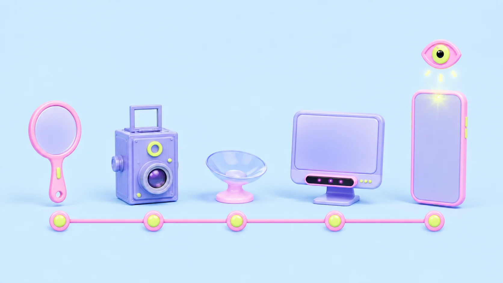 A soft-3D timeline of five eye-tracking devices on pink nodes: a hand mirror, a vintage box camera, a suction-cup contact lens, a monitor with an infrared bar, and a smartphone with a glowing front camera under a floating eye. Light blue background.