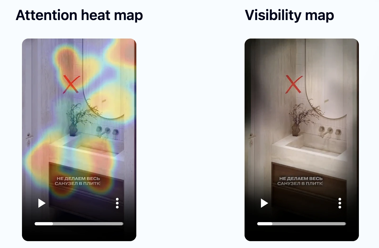Attention heat map and visibility map for the aspirational video: a styled bathroom marked with a red X over the caption "we don't tile the whole bathroom" (не делаем весь санузел в плитку).