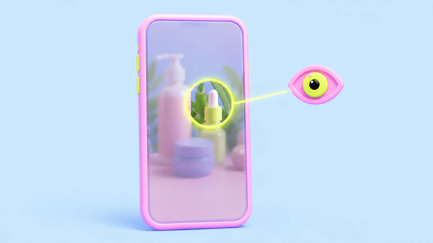 A soft-3D pink phone showing a frosted skincare scene where only one small circled region, a dropper bottle, is sharp and glowing, connected by a beam to a floating eye. The image conveys seeing one small patch of the frame at a time.