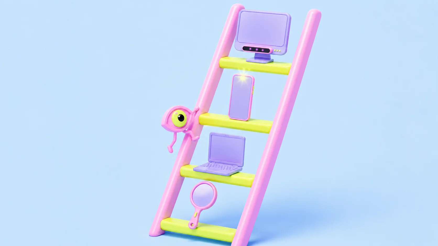 A soft-3D pink ladder with an eye character climbing it; the rungs hold a hand mirror at the bottom, then a laptop, a smartphone with a glowing camera, and a monitor with an infrared bar at the top. The image conveys the ladder of eye-tracking methods.