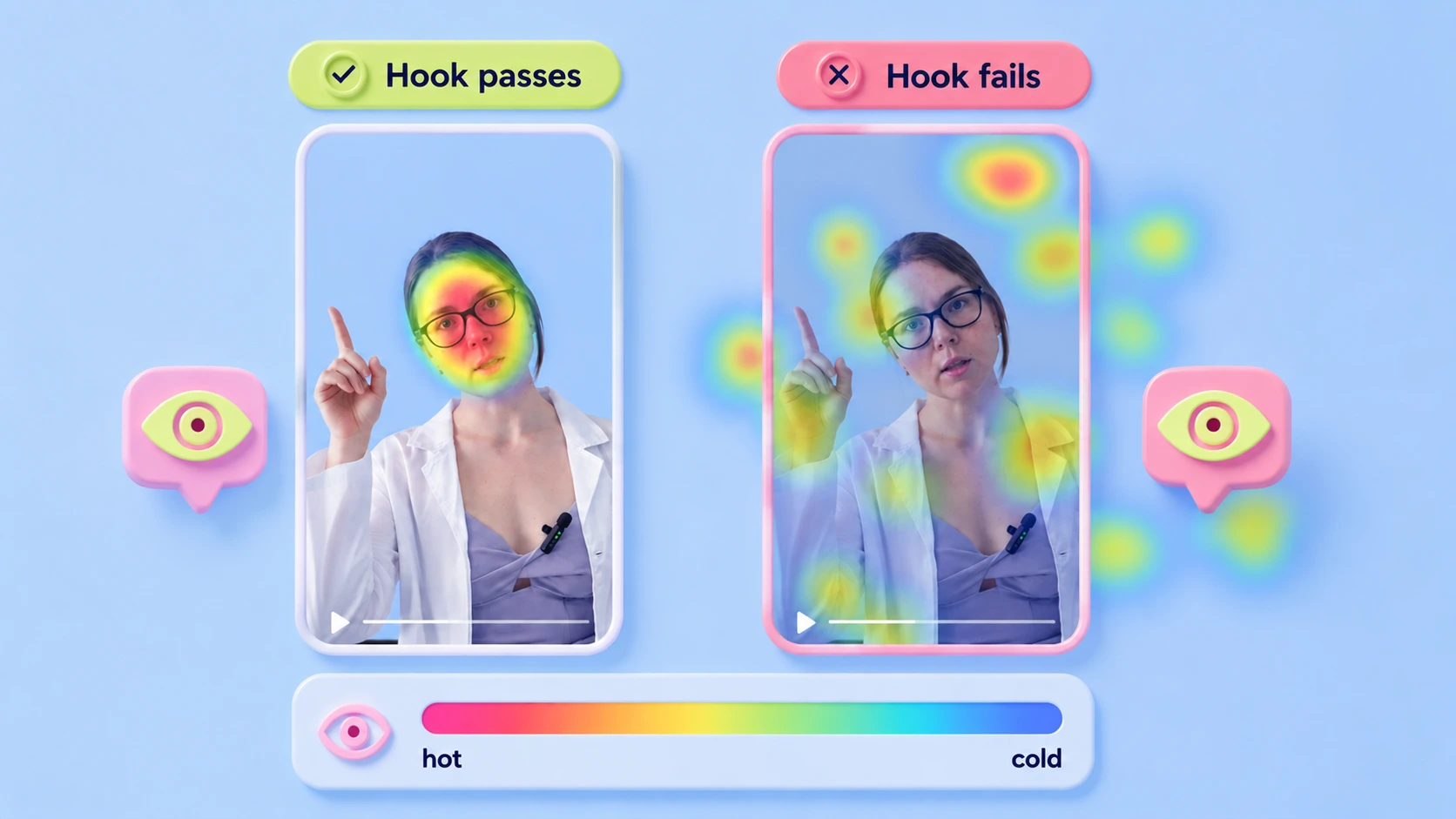 Two phone-shaped frames side by side. The left, labelled hook passes, shows a tight gaze cluster on the speaker in the first frame. The right, labelled hook fails, shows a diffuse gaze map scattered across the frame and the background.