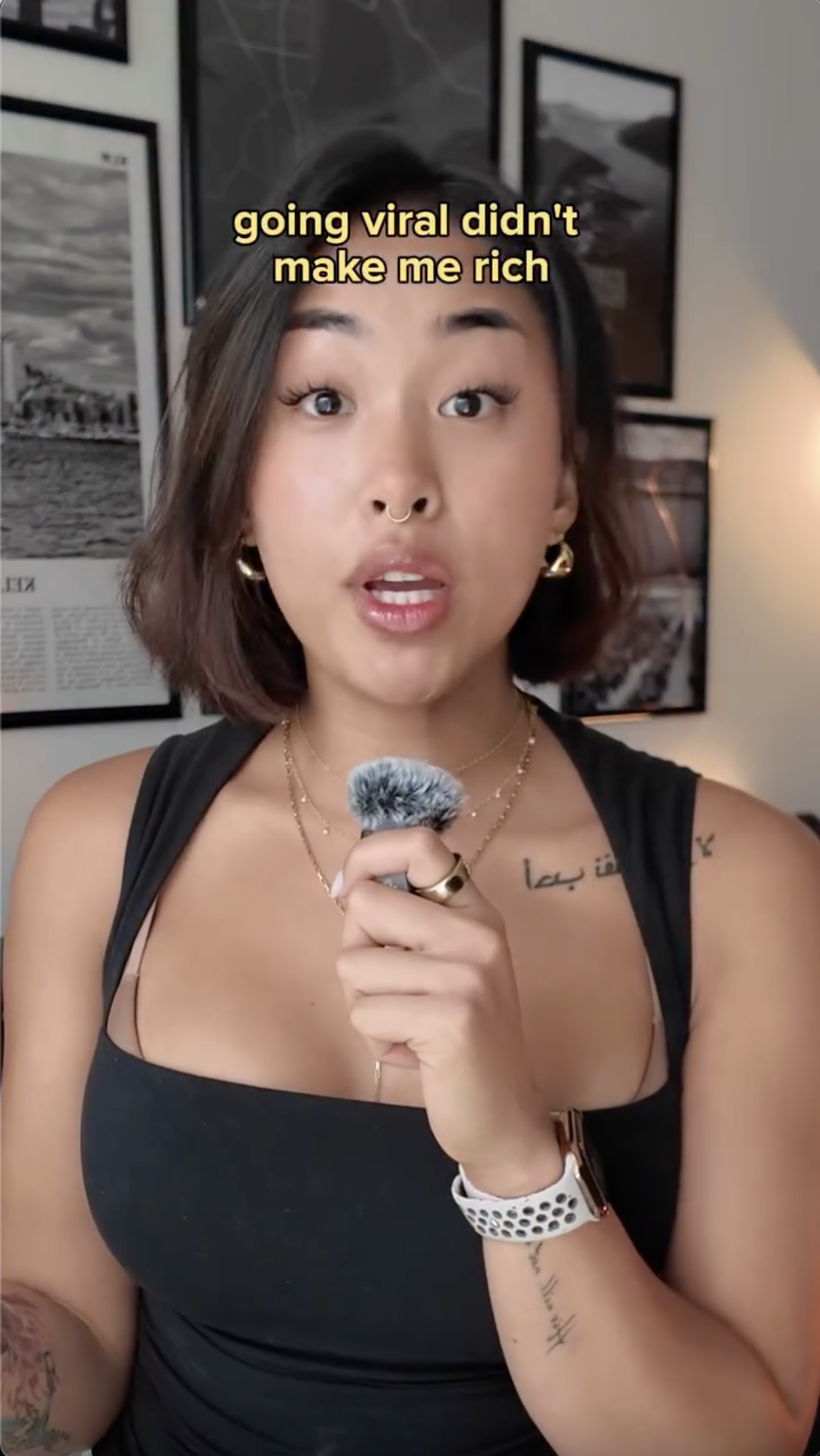 Vertical screenshot from meagnunez's "Going viral didn't make me rich" video. The yellow caption sits above her head; her face is fully visible.