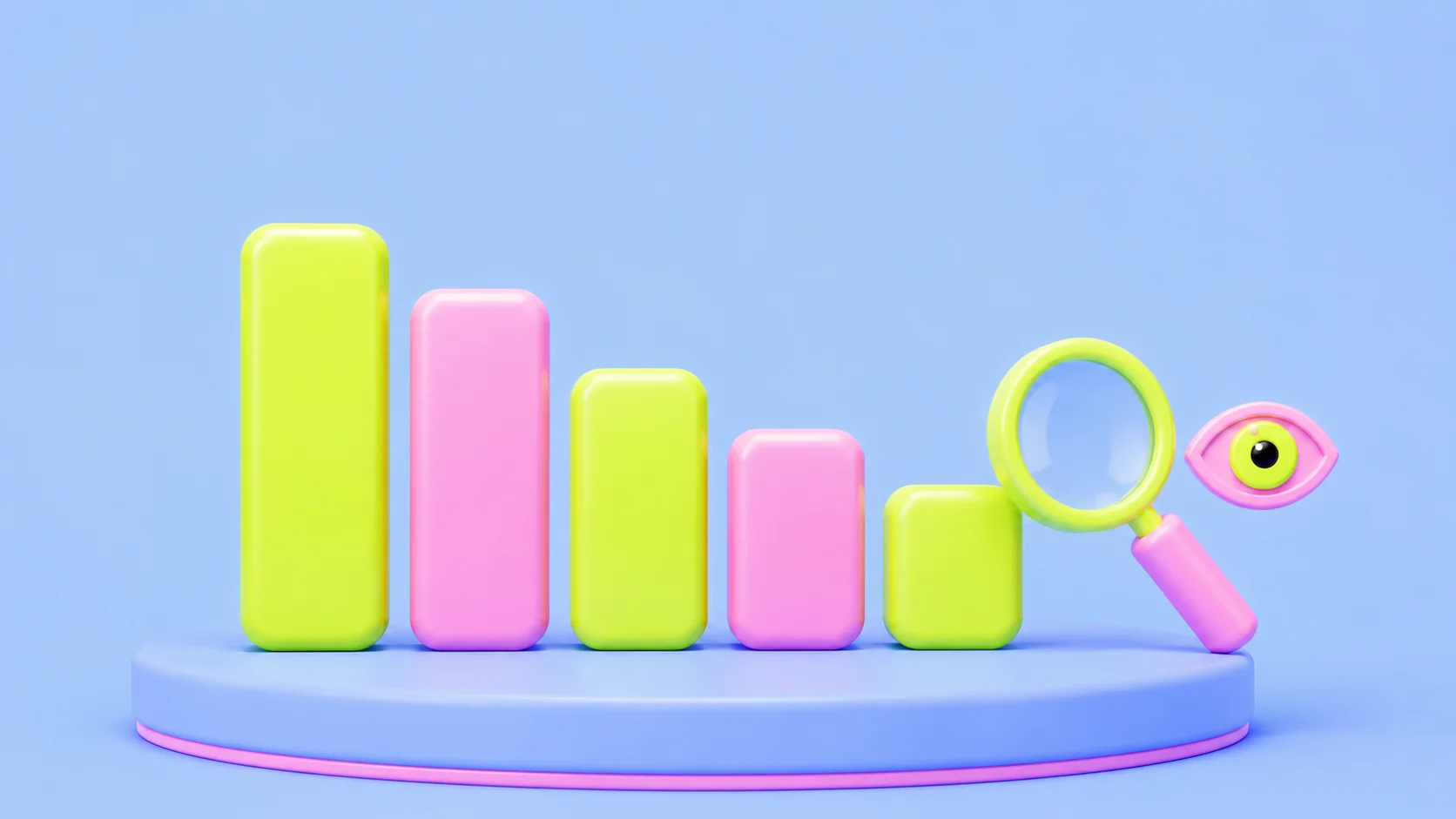 A soft-3D bar chart on a round pedestal with alternating yellow-green and pink bars stepping downward left to right, a yellow-green magnifying glass leaning toward the smallest bar, and a pink eye marker beside it. Light blue background. The image conveys a benchmark drifting down, examined closely.