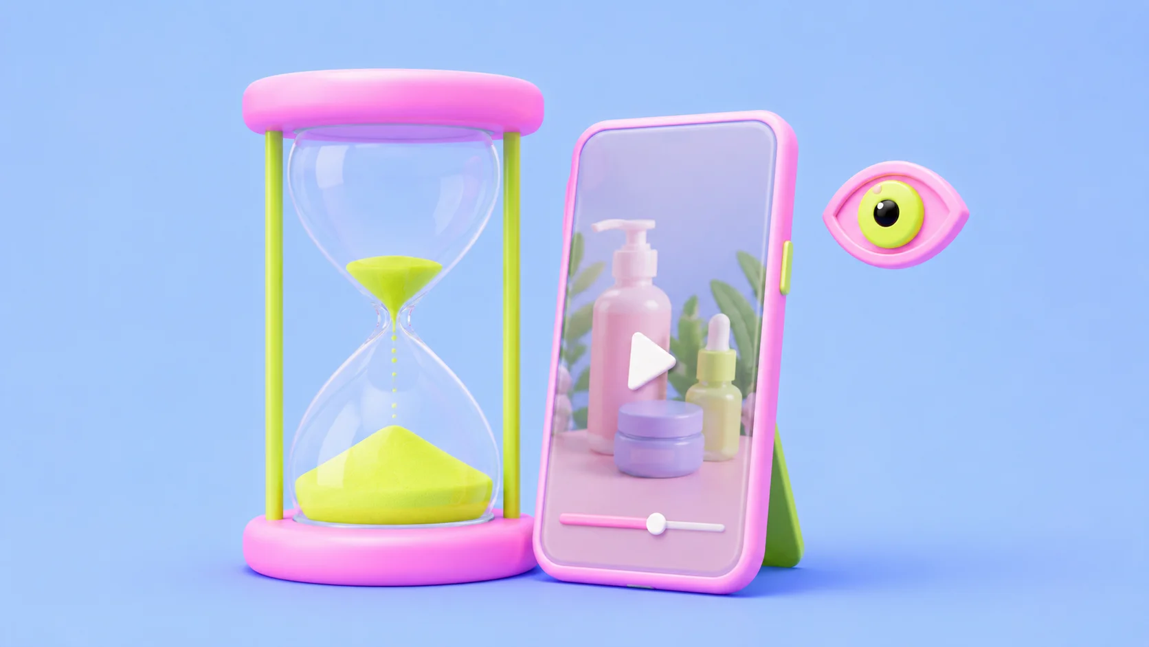 A soft-3D pink hourglass with yellow-green sand running out, next to a pink phone playing a vertical skincare video with a play button, and a pink eye marker watching the screen. Light blue background. The image conveys having seconds of attention, not the whole video.