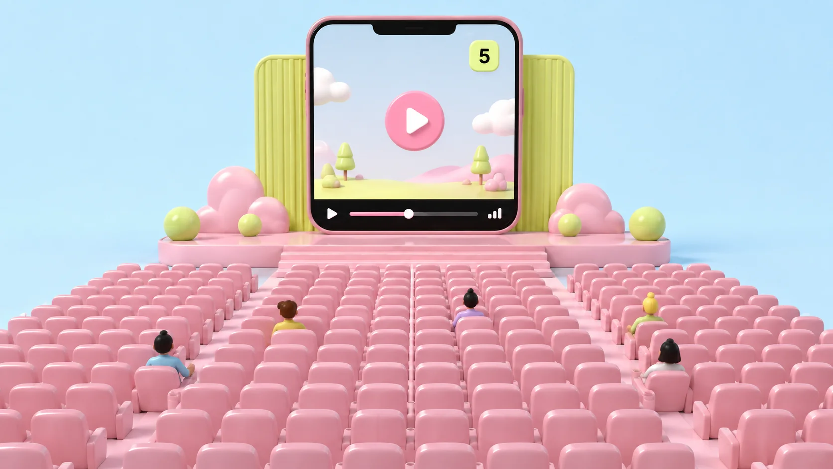 A vast theater of empty pink seats with five tiny viewers scattered among them, watching a phone-shaped screen that plays a video with a small 5 badge, on a light blue background.