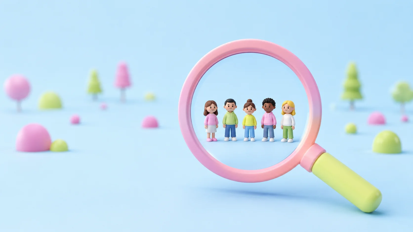 A pink soft-3D magnifying glass with a yellow-green handle held over five small viewer figures; inside the lens they are sharp and detailed while the pastel landscape around stays blurred.