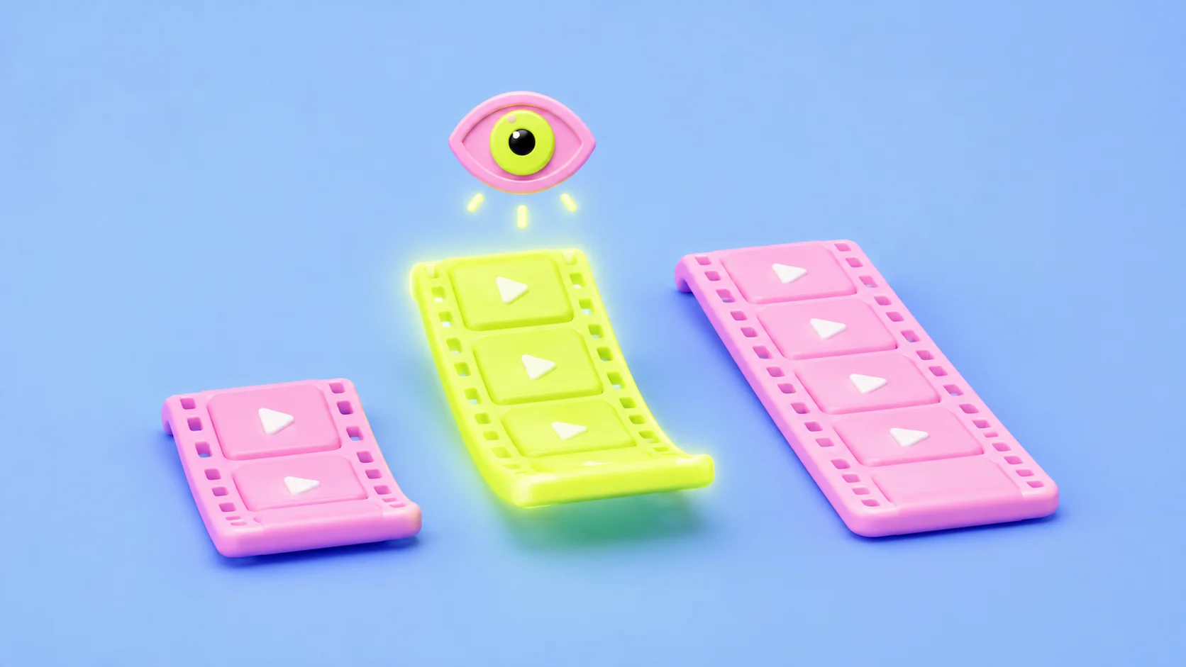Three soft-3D film strips of short, medium, and long length laid side by side; the medium one glows yellow-green and lifts slightly while the short and long ones stay pink, with a pink eye marker shining above the winner. Light blue background. The image conveys the middle length winning.