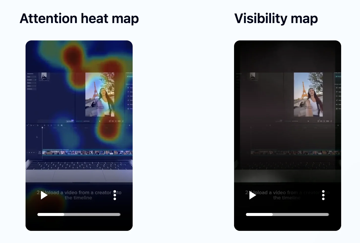 Jeena analysis of the red shirt version during the demo ("Upload a video from a creator into the timeline" step): the attention heat map shows gaze split between the floating preview window and regions above the editor, and the visibility map shows the laptop keyboard and bottom caption zone dimmed where viewers were not looking.