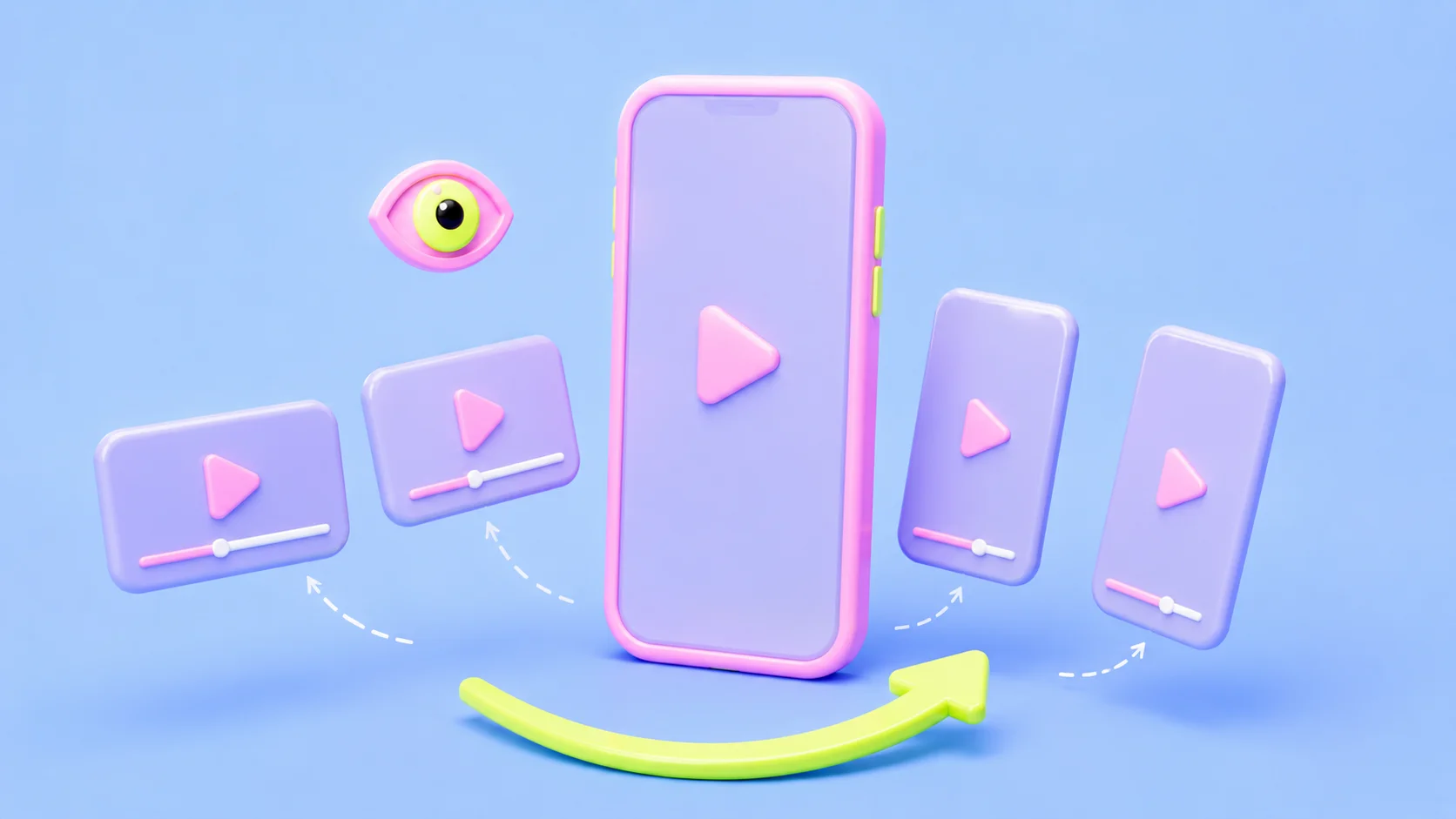 A tall vertical soft-3D pink phone with a play button in the center, flanked by smaller video tiles rotating from horizontal to vertical along a yellow-green upward arrow, with a pink eye marker watching. Light blue background. The image conveys the measured format shift to vertical video.