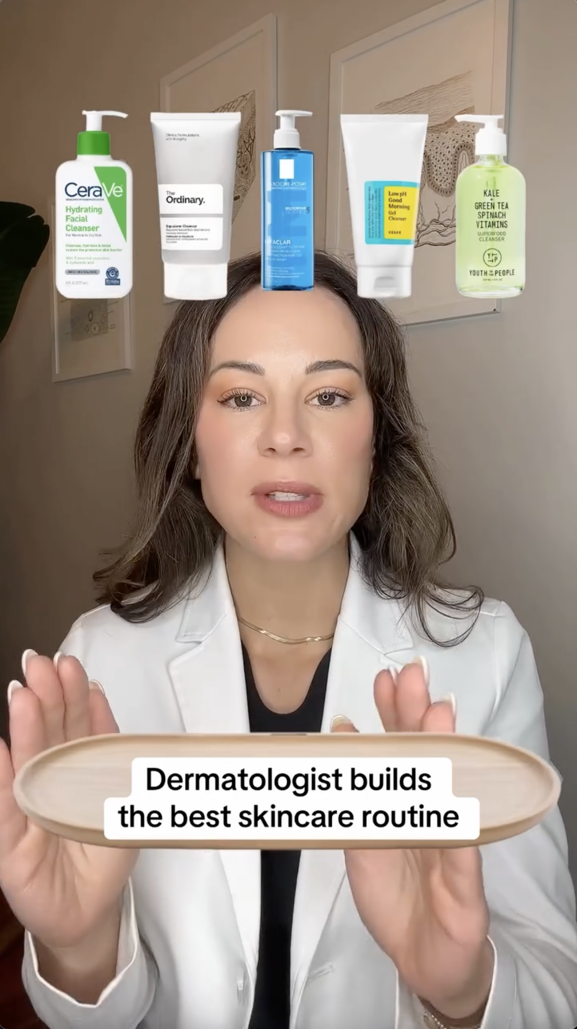 Dermatologist in a lab coat with several skincare product bottles floating above her head, captioned "Dermatologist builds the best skincare routine".