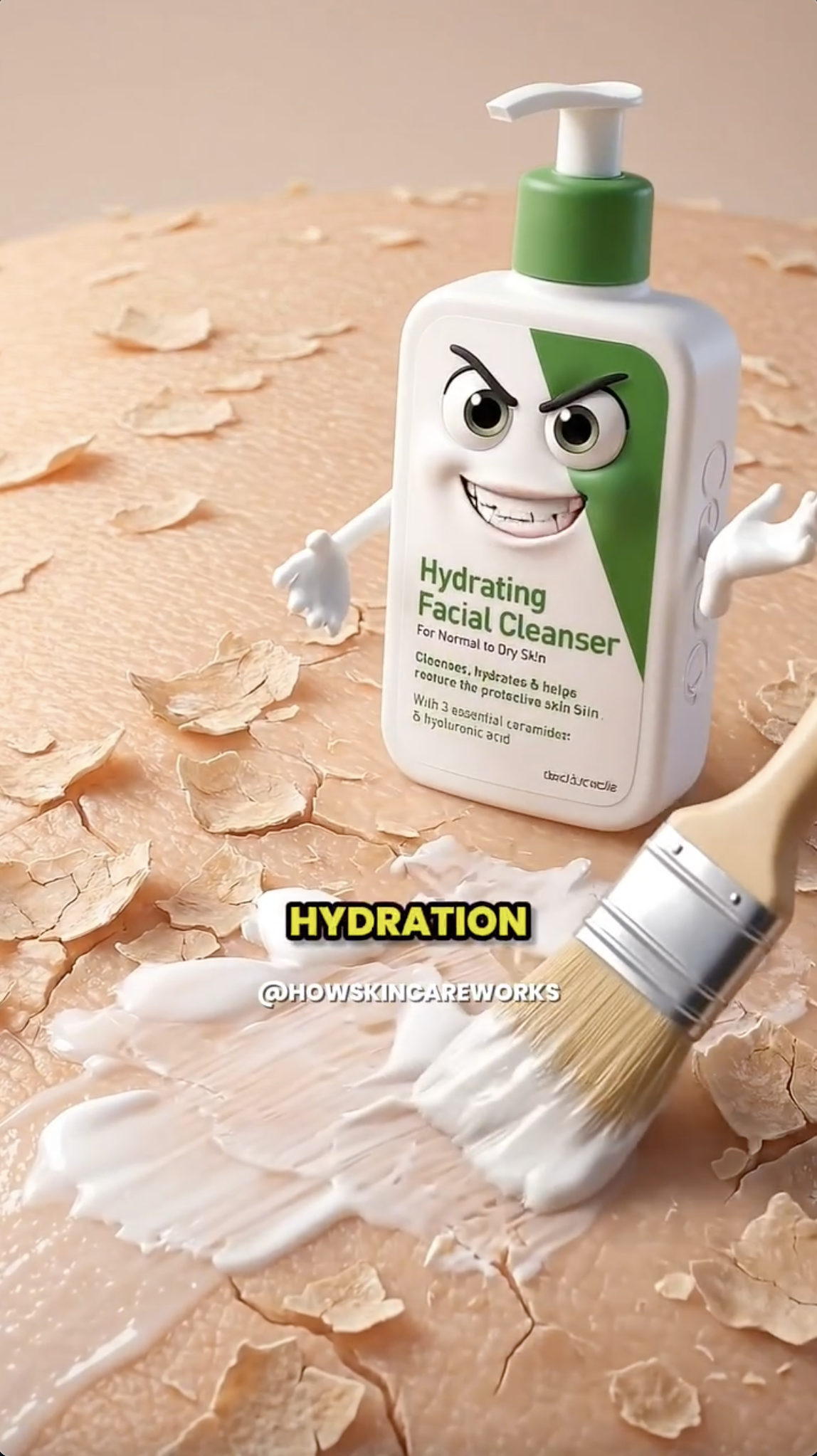 Pixar-style 3D facial cleanser bottle character with a smiling face, holding a paint brush of cream, against a textured tan background. Caption reads "HYDRATION @howskincareworks".