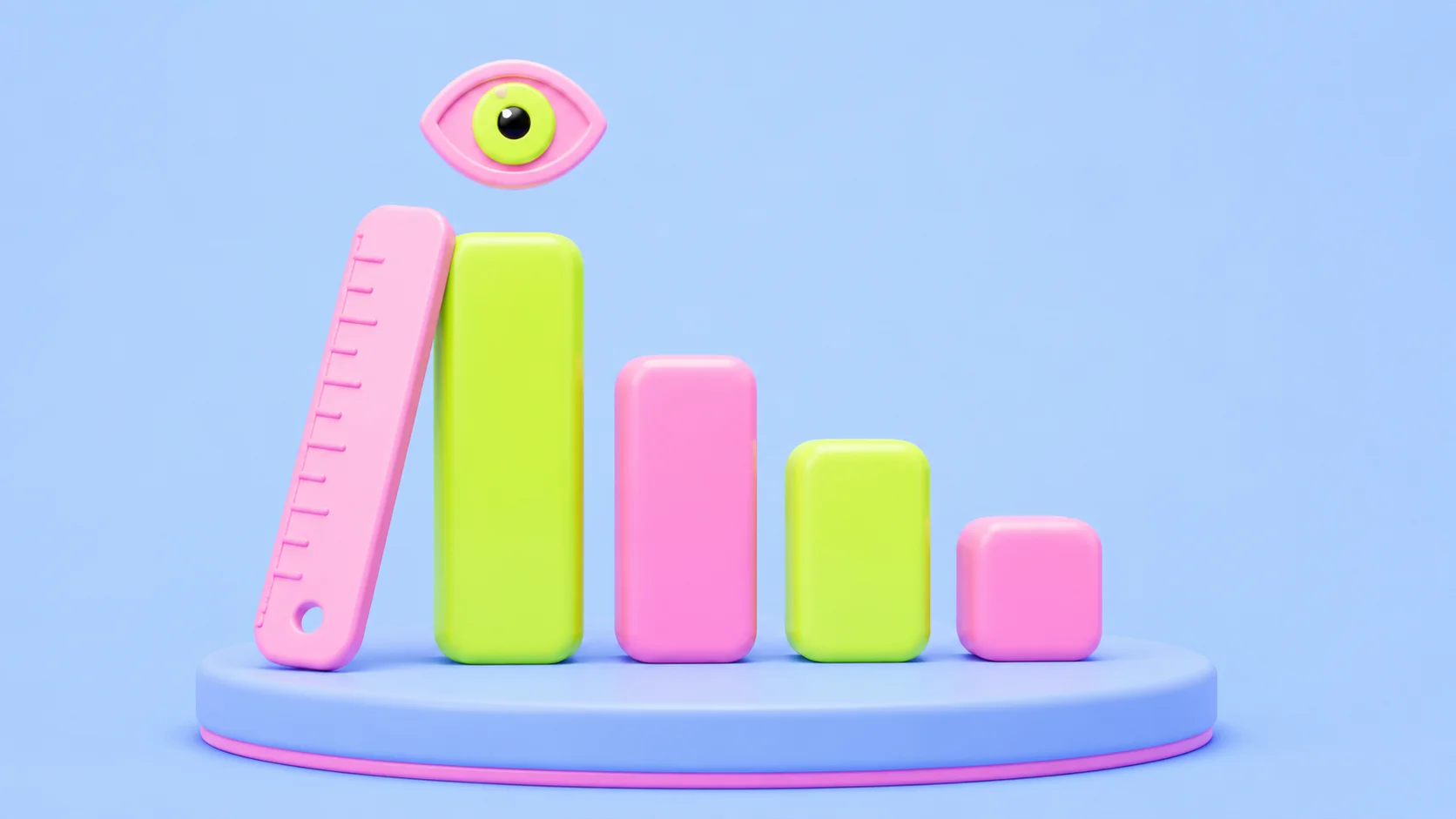 A soft-3D bar chart on a round pedestal with bars descending left to right in alternating yellow-green and pink, a pink ruler leaning against the tallest bar, and a pink eye marker floating above. Light blue background. The image conveys measuring yourself against an industry yardstick.