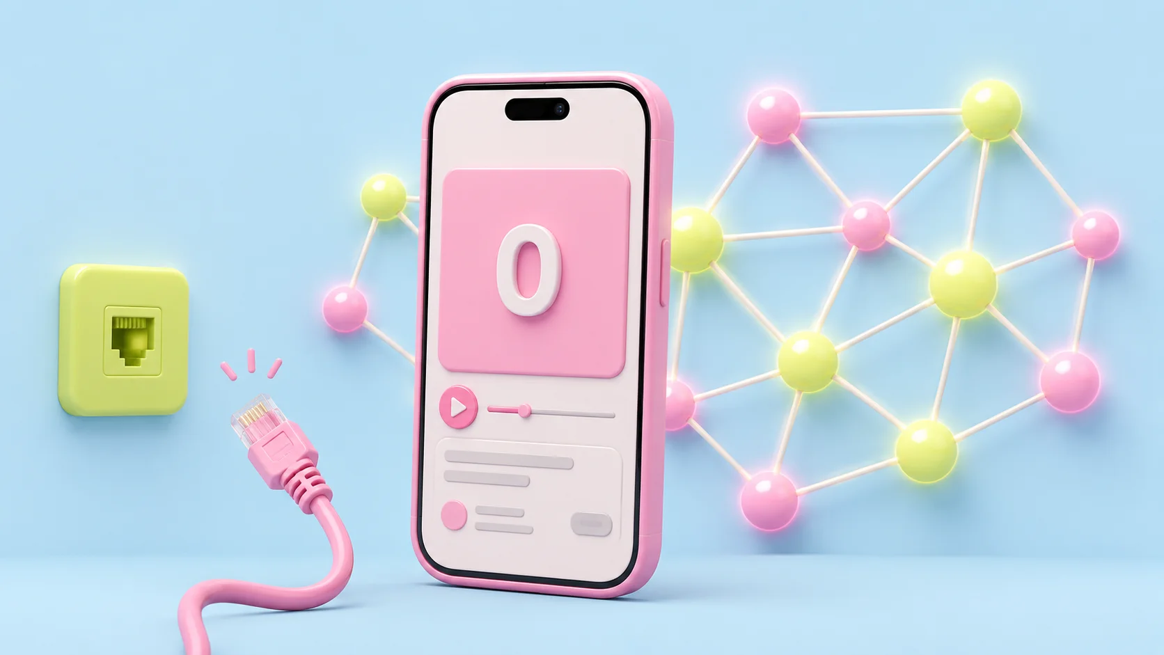 A soft-3D pink phone showing a video with a zero counter, its pink cable unplugged from a yellow-green wall socket, with a glowing network of pink and yellow-green nodes behind it on a light blue background.