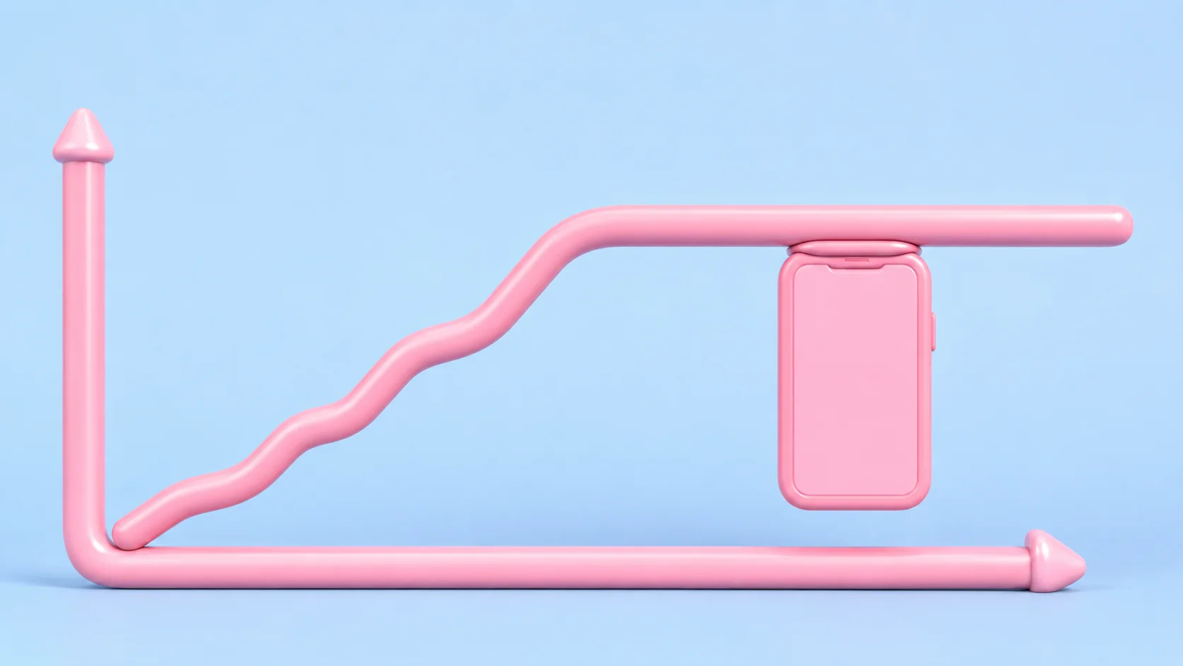 A soft-3D pink line chart that rises and then flattens into a hard ceiling, with a pink phone bumping against the flat line from below, on a light blue background.