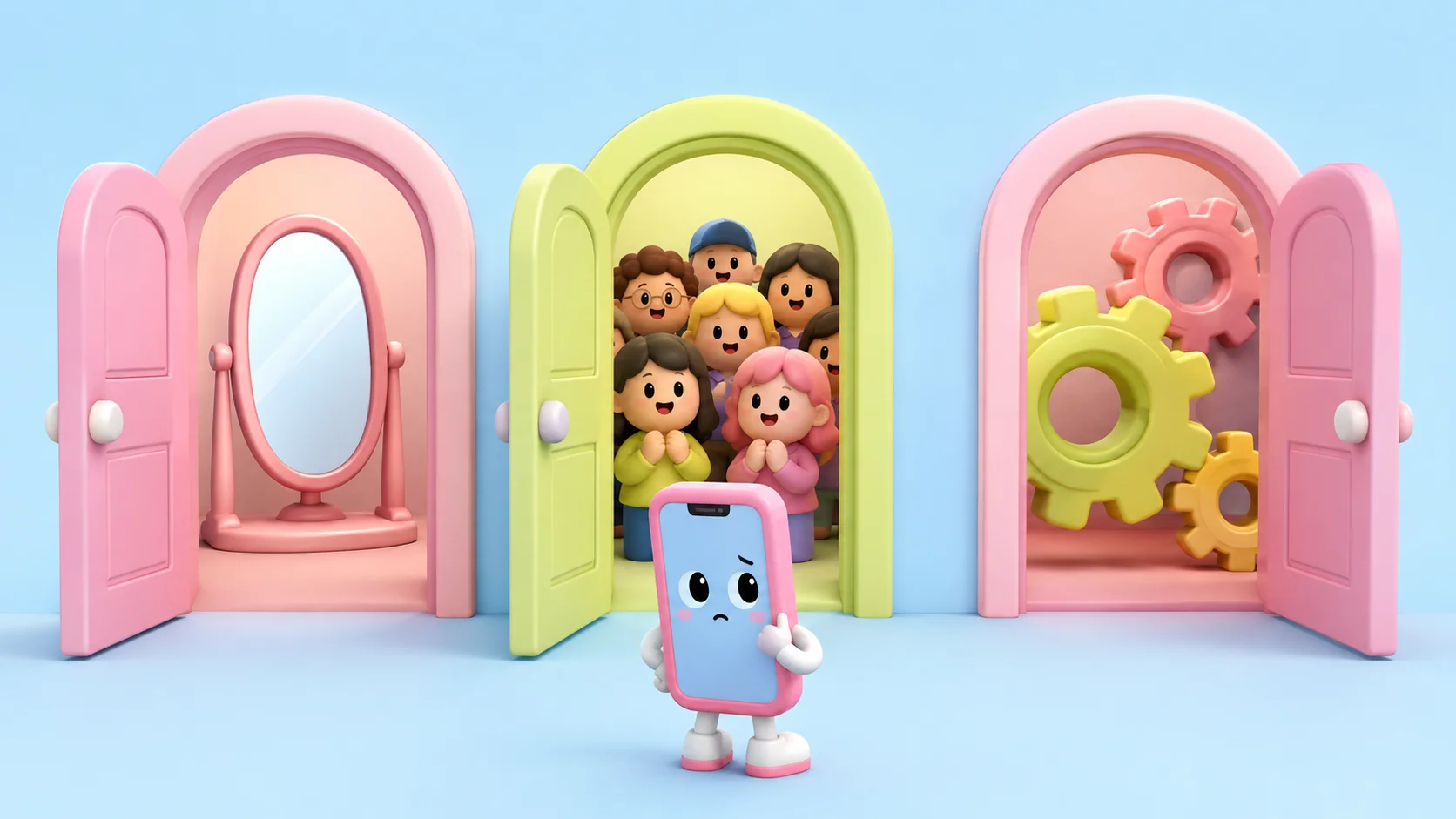 Three arched soft-3D doors standing open: behind the first a mirror, behind the second a small smiling crowd, behind the third pink and yellow-green gears, with a worried phone character deciding in front.
