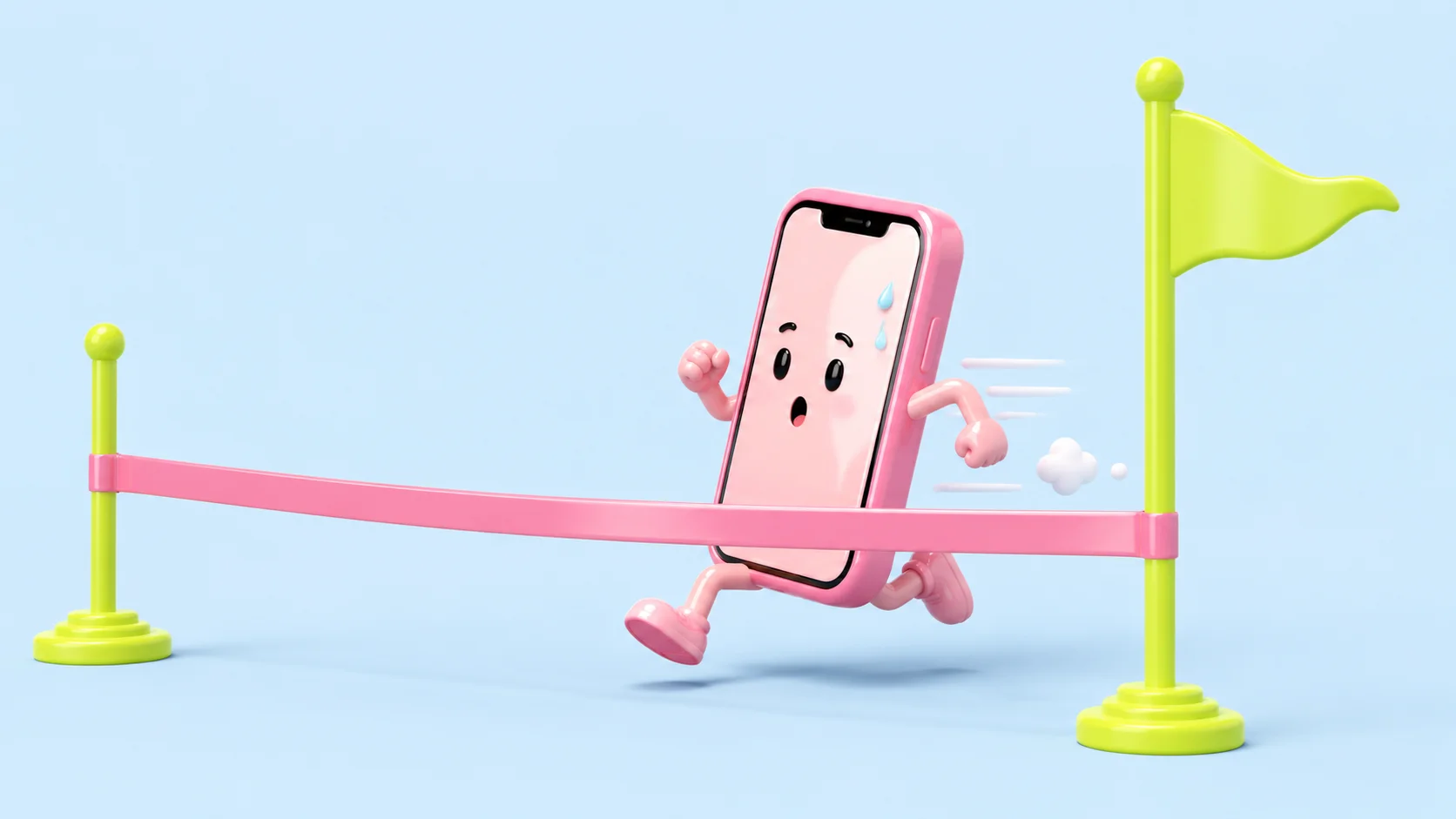 A cartoon pink phone with arms and legs sprinting into a pink finish-line ribbon strung between two yellow-green flag posts, on a light blue background.