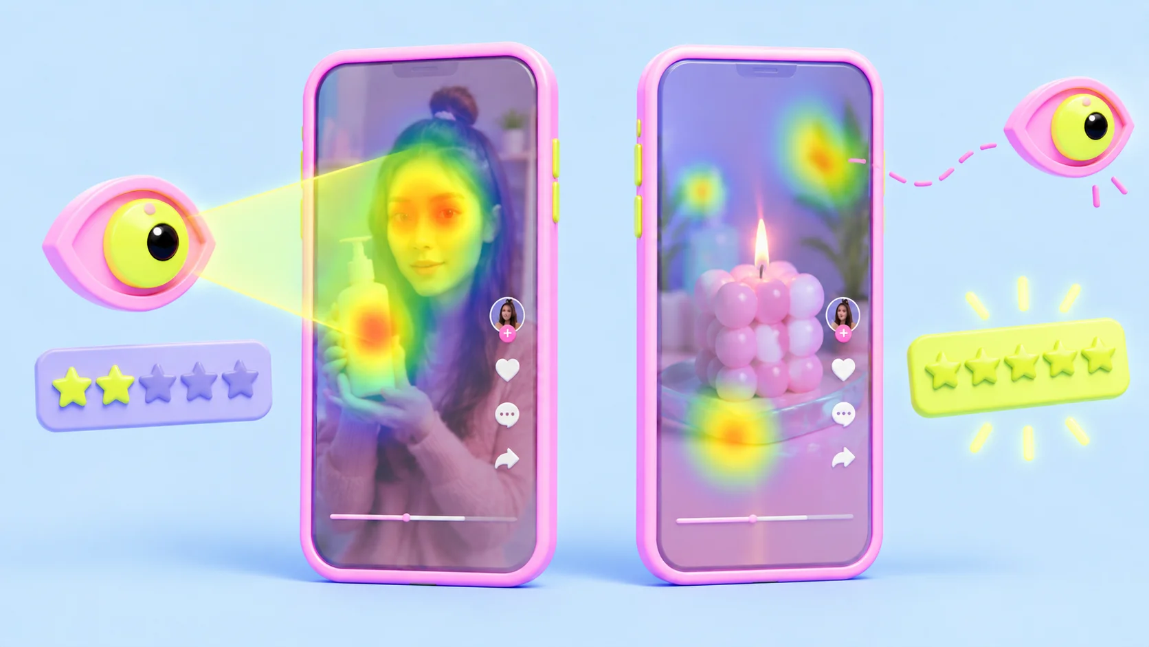 Two soft-3D phones side by side: on the left an eye stares intently at a creator holding a product, next to a two-star rating; on the right the eye drifts away from a calm candle video that carries a five-star rating. The image conveys watched hardest, liked least.