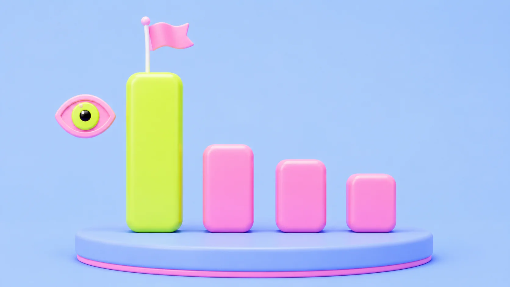 A soft-3D bar chart on a round pedestal where one tall yellow-green bar with a pink flag planted on top stands far ahead of three shorter pink bars, with a pink eye marker looking at it. Light blue background. The image conveys the platform that still leads the benchmark.