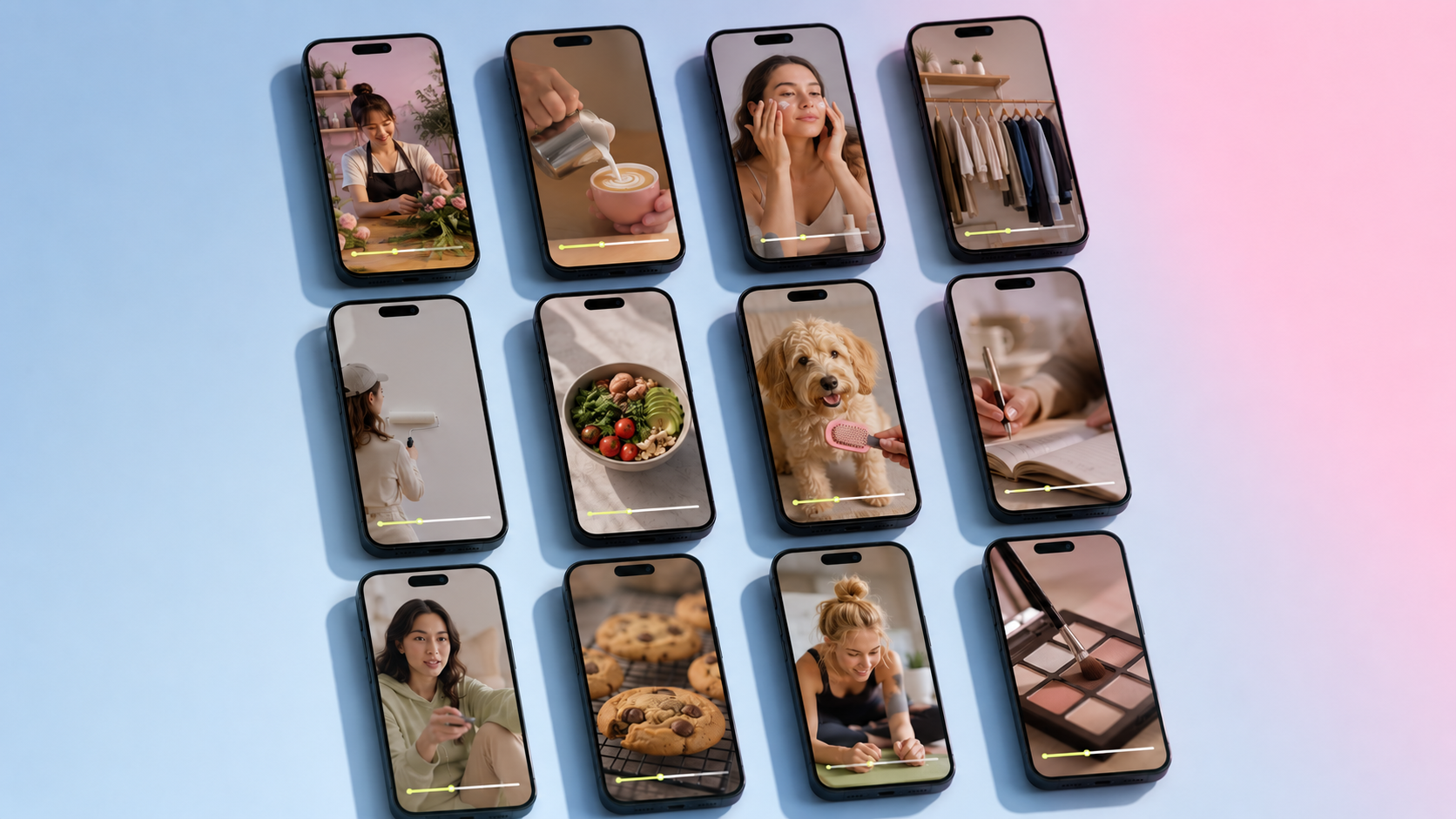 A 3x4 grid of phone screens on a blue-to-pink gradient surface, each playing a short video on a different topic (florist arranging, latte art, skincare, fashion rack, paint roller, salad bowl, dog grooming, journal writing, fitness, baking, makeup palette). All share the same thin progress bar with a small yellow-green marker.