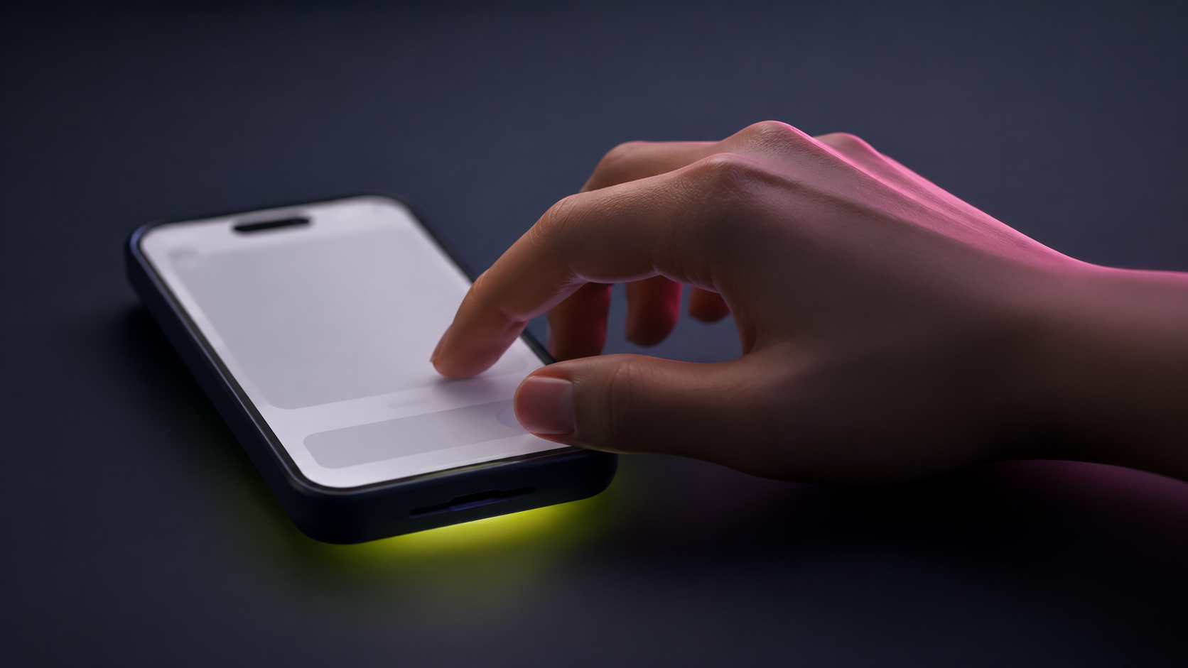 A close-up of a hand reaching toward a phone screen in dim light, with a subtle pink glow from the right and a yellow-green glow from underneath. The screen shows an empty post composer. Mood: about to post something risky.