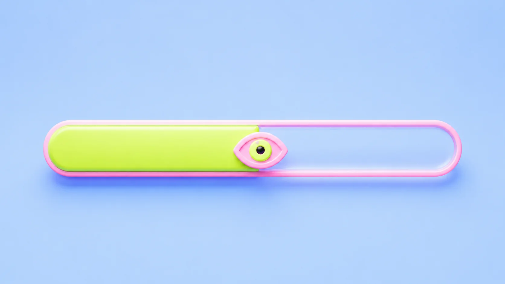 A soft-3D video progress bar with a pink outline, filled to about the halfway point in yellow-green, with a pink eye-shaped marker sitting exactly at the fill edge. Light blue background. The image conveys the average viewer stopping halfway through a video.