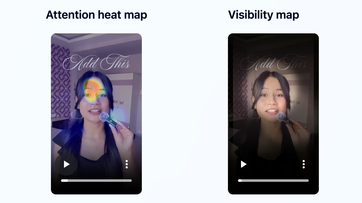 Jeena detailed analysis of the person-led tutorial: attention heat map shows gaze concentrated on the speaker's upper face (eyes and forehead), while the stylized "Add This" caption above her head sits in a low-attention zone. Visibility map confirms her face is the dominant visible region.