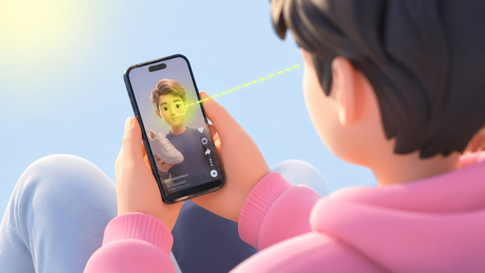 Over-the-shoulder view of a soft-3D-stylised viewer in a pink hoodie holding a phone. The phone shows a short video of a creator holding a white sneaker. A yellow-green dashed line traces from the viewer's eye to the creator's face on the phone, marking where the gaze landed.