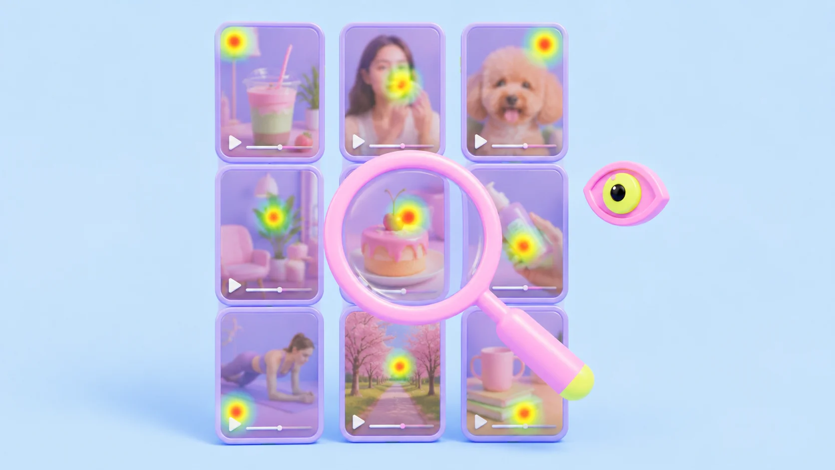 A grid of nine pastel video cards, each with a small gaze blob sitting somewhere unexpected (a lamp, a corner, a hand), under a large pink magnifying glass and a floating eye. The image conveys an evidence board of attention findings.