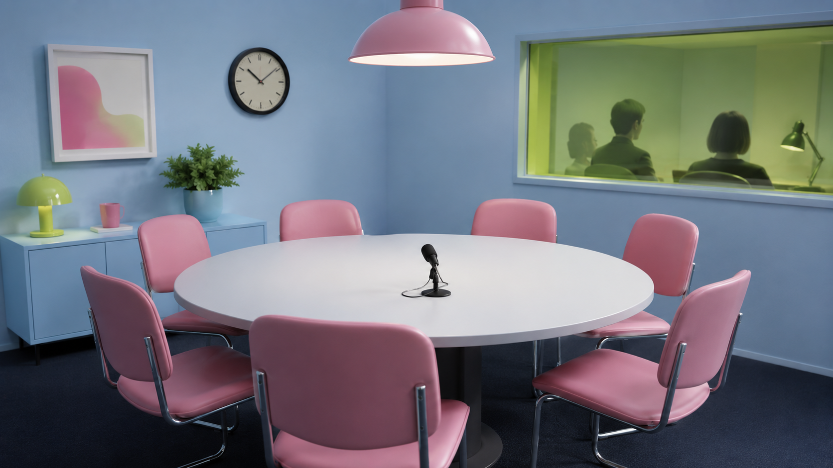 A focus-group room in soft pastel colours. A white round table with a single black microphone at its centre, surrounded by pink leather chairs. A pink pendant lamp hangs above. Pale-blue walls with a framed pink-and-green abstract artwork and a wall clock. On the right wall, an observation window with a yellow-green tint revealing the silhouettes of three observers seated behind it. The mood: classic qualitative research, in the Jeena brand world.