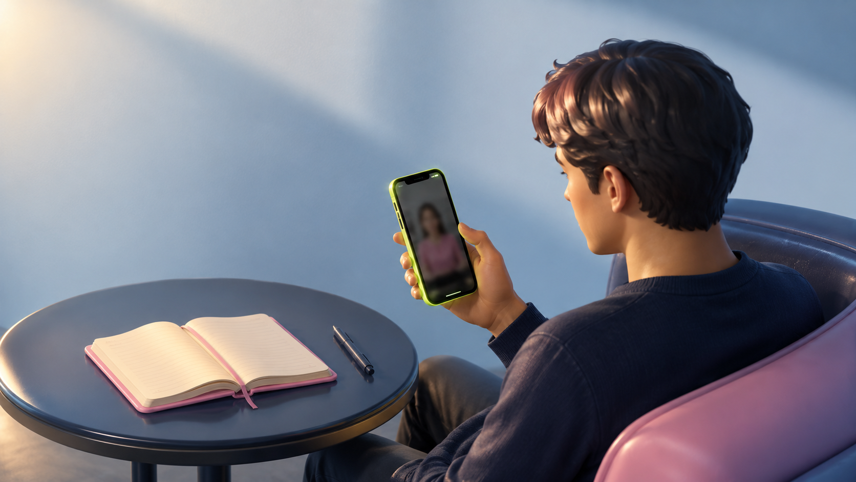 A young man in a navy sweater sits alone in a pink leather chair, watching a vertical short video of a creator on a green-bezel phone. A small dark round side table holds an open notebook with a pink ribbon and a silver pen. Soft daylight from the left. The room is otherwise empty.