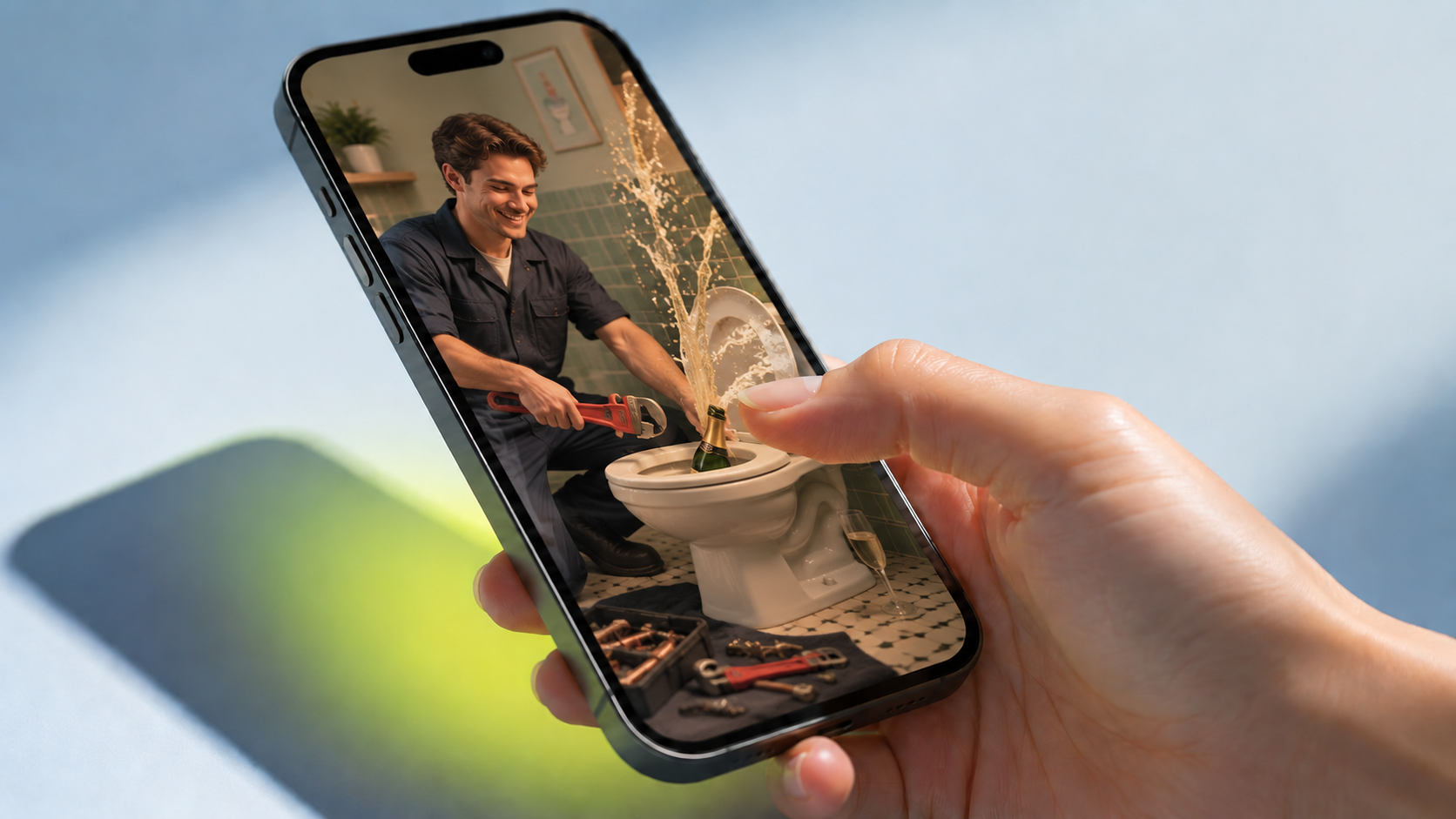 A hand holding a phone showing a vertical short video of a smiling plumber in a green-tiled bathroom popping a champagne bottle out of a toilet, foam spraying upward, a champagne flute on the floor. A yellow-green gradient glow falls onto the light-blue surface beneath the phone. A surreal pattern-interrupt opener.