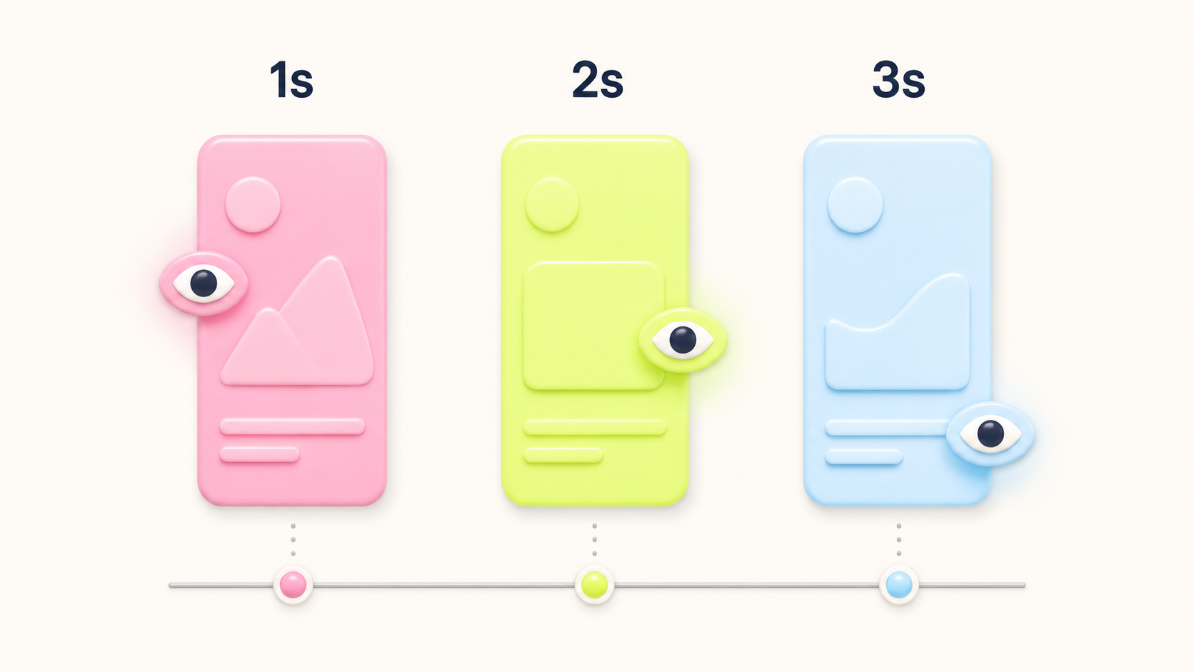 A three-frame storyboard infographic on a cream background. Three glossy 3D video frames labelled 1s, 2s, 3s, in pink, yellow-green, and light blue respectively, each with a soft-3D eye marker showing where attention landed. A thin timeline below with three colour-matched dots.