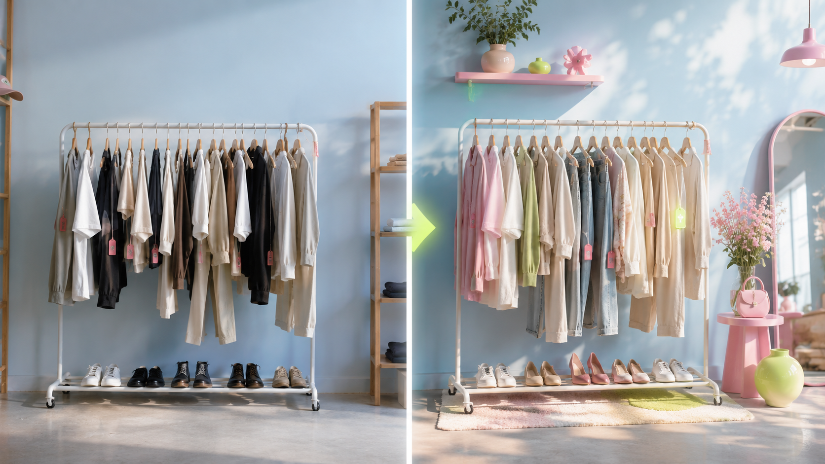 A before-and-after diptych of a clothing rack in a small boutique. Left: muted earth-tone garments on a basic white rack against a plain wall. Right: the same rack restyled with pastel pink, green, and denim pieces, an arched mirror, a pendant lamp, and a styled flower table behind it, all in soft pink and yellow-green accents.