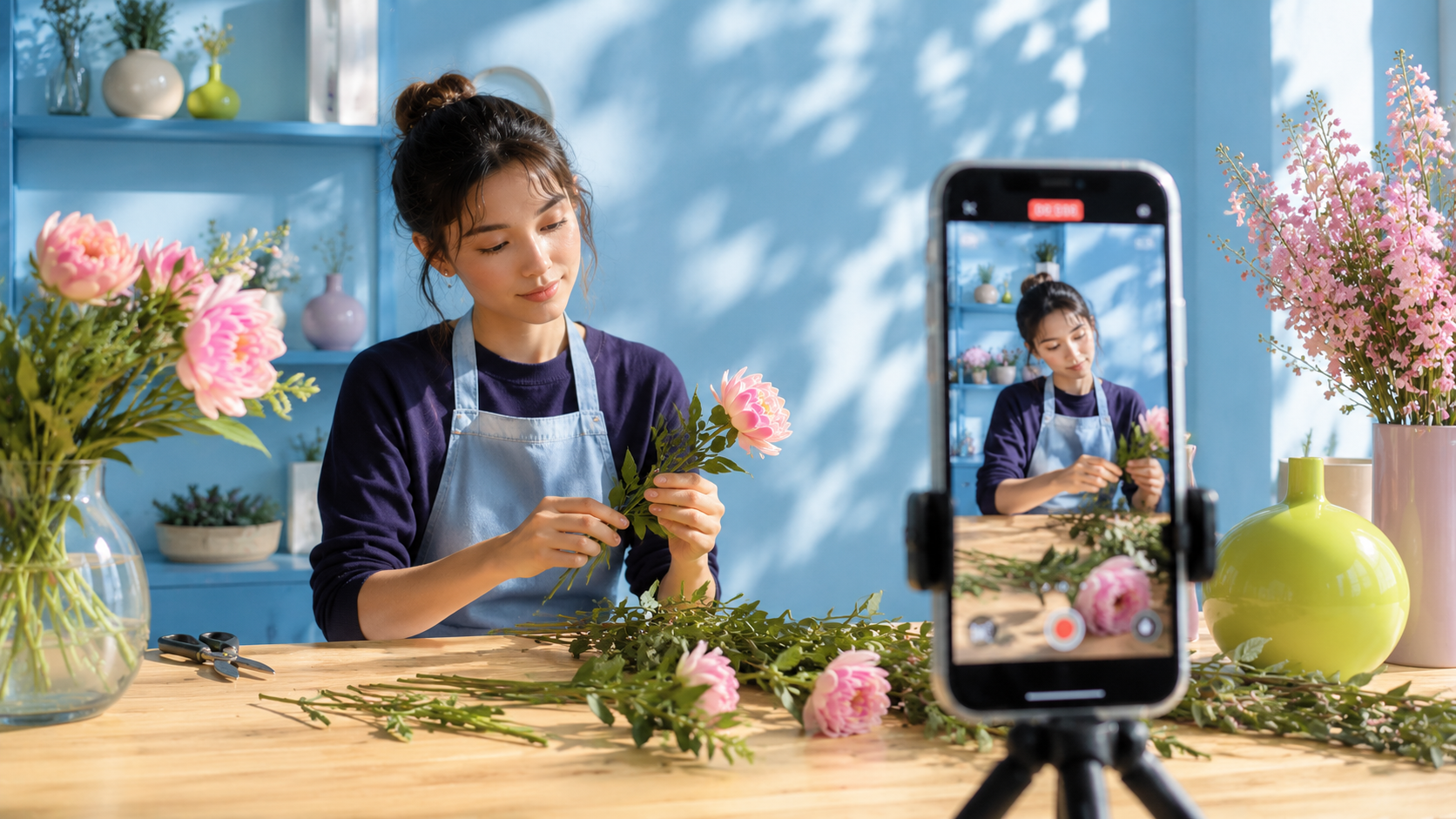 A florist filming a short vertical video on a phone mounted on a tripod, arranging fresh peonies at a sunlit wooden workbench in a pastel-blue studio.
