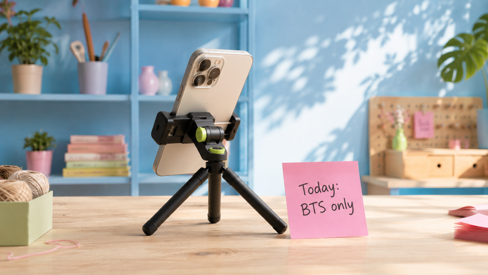 A gold phone mounted on a small black tripod with a yellow-green hinge, on a warm wooden desk in a pastel-blue craft studio. A pastel-pink sticky note next to the tripod reads "Today: BTS only" in handwriting.